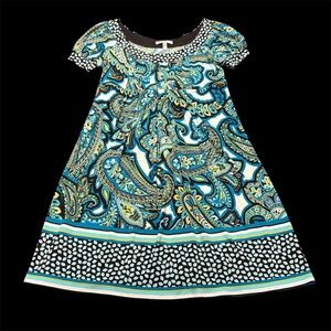 Paisley Print Swing Dress with Polka Dot Trim